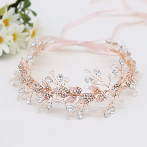 Oriamour Rose Gold Crystal Bridal Headbands Wedding Headpieces Leaves Design Hair Band Hair Accessories for Brides Bridesmaid