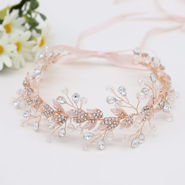 Oriamour Rose Gold Crystal Bridal Headbands Wedding Headpieces Leaves Design Hair Band Hair Accessories for Brides Bridesmaid