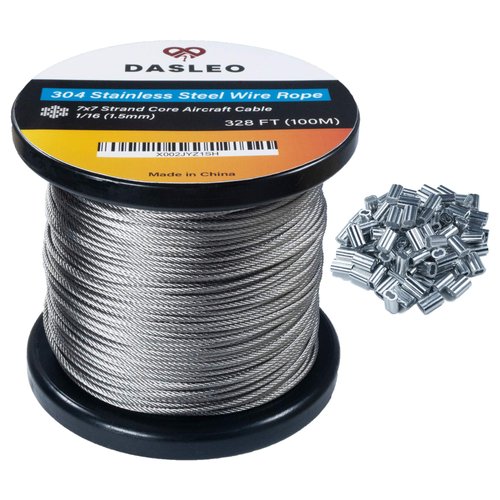 Dasleo Wire Rope – 304 Stainless Steel Wire Cable – 328 ft Waterproof and Rustproof 1/16-Inch Stainless Steel Wire Rope – 7x7 Strand Core – 100 pcs Hourglass Sleeves Included