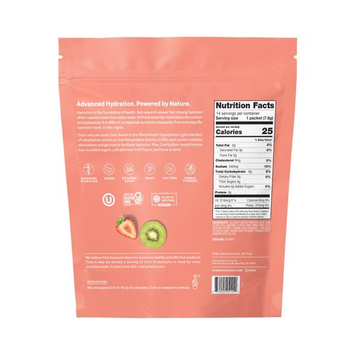 Cure Hydration | Plant-Based Electrolyte Drink Mix | No Added Sugar | FSA & HSA | Dehydration Relief Powder Made with Coconut Water | Non-GMO | Vegan | Pouch of 14 Packets - Strawberry Kiwi