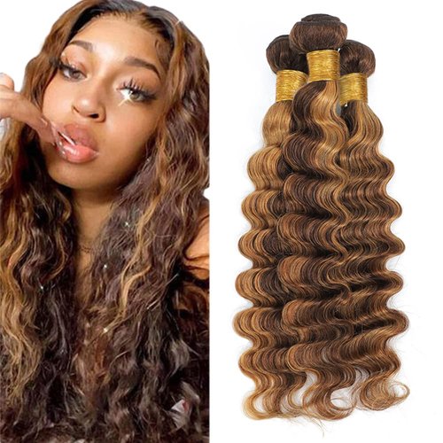 Highlight Deep Wave 3 Bundles P427 Honey Blonde Human Hair 3 Bundles Unprocessed Virgin Weave Extensions Piano Color 4/27 Brown And Honey Blonde Bundle for Women 20 20 20 Inch