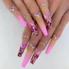 Foccna Artificail Extra Long Press on Nails, Rhinestone Pink Fake Nails with Glitter Acrylic Full Cover Fake Nails with Design Nail Tips for Women&Girls, 24PCS