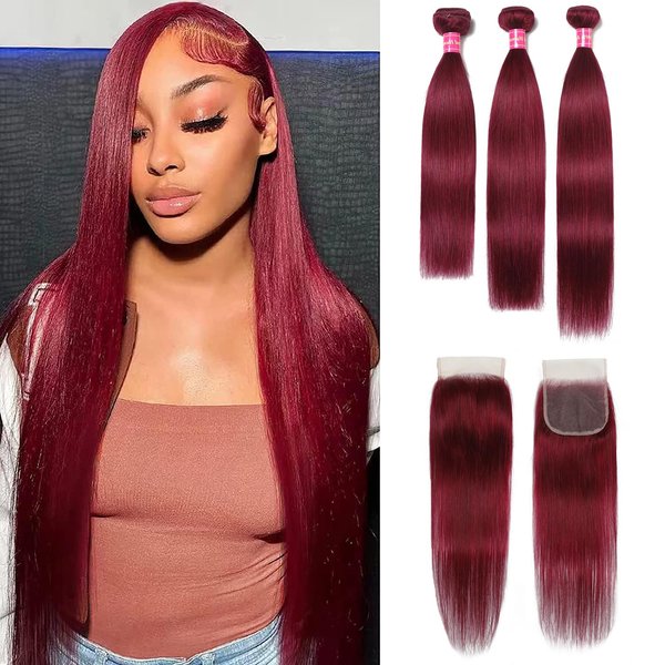 99J Burgundy Straight Human Hair Bundles with Closure - Straight Hair Bundles with Closure Unprocessed Brazilian Virgin Hair 3 Bundles with Lace Closure with Baby Hair (18.20.22+16, #99J Red Wine)