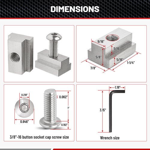 RED WOLF Thread 3/8"-16 T-Slot Nut Button Socket Cap Screw 10 Pack for Toyota Tundra Tacoma Pickup Truck Cargo Bed Rail Deck Cleat Rack Trail 304 Stainless Steel Tie Down w/Wrench
