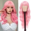 Anbacemi 28inch Pink Wig with Bangs Long Wavy Pink Wigs for Women Curly Synthetic Wig Heat Resistant Cosplay Wigs Colorful Wigs for Daily Party Use