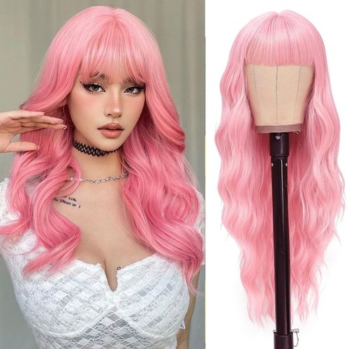 Anbacemi 28inch Pink Wig with Bangs Long Wavy Pink Wigs for Women Curly Synthetic Wig Heat Resistant Cosplay Wigs Colorful Wigs for Daily Party Use