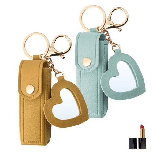 Beautyflier Pack of 2 Lipstick Organizer Keychain Chapstick Case with Mirror for Women, Portable Lipstick Leather Holder Lip Gloss Bag Lip Balm Case for Travel, Party, Holiday Gifts (Yellow+Green)