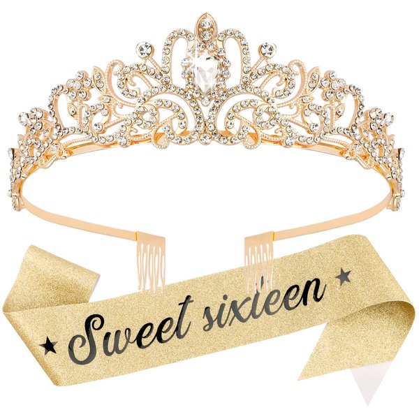 KICOSY Sweet 16 Birthday Crown and Sash for Girls, Sweet 16th Sashes and Birthday Tiara Set, Sweet 16th Party Decorations Birthday Accessories for Women, Sweet 16 Gifts for Girls