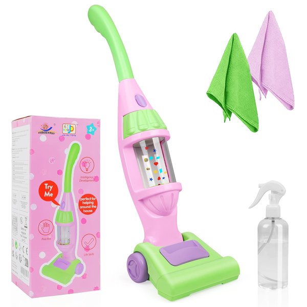 Kids Vacuum Cleaner Toy for Toddler, Pink Toy Vacuum Cleaner with Light & Realistic Sounds, Pretend Role Play Household House Keeping Kids Cleaning Set Playing Learning Toys for Children Girls Boys