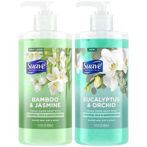 Suave Hand Soap, Bamboo & Jasmine + Eucalyptus & Orchid Variety 2-Pack – Fresh Hand Wash with Essential Oils & Moisturizers, 13.5 Oz Ea