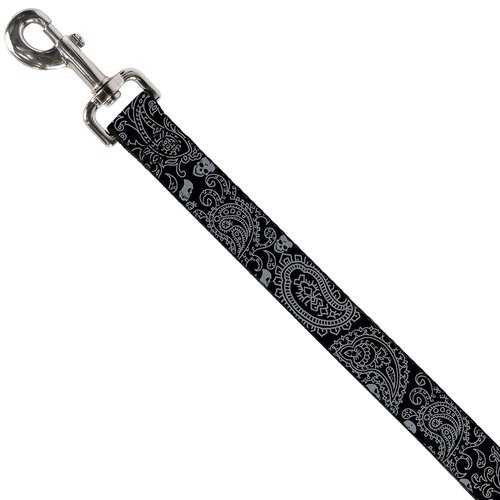 Dog Leash Bandana Skulls Black Silver 4 Feet Long 1.5 Inch Wide