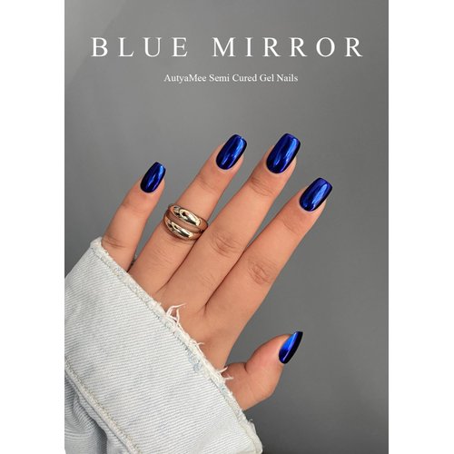 AutyaMee Semi Cured Gel Nail Strips (Blue Mirror)-20 PCS Gel Nail Stickers | Gel Nail Wraps | UV Light Required, Salon Quality & Easy to Use