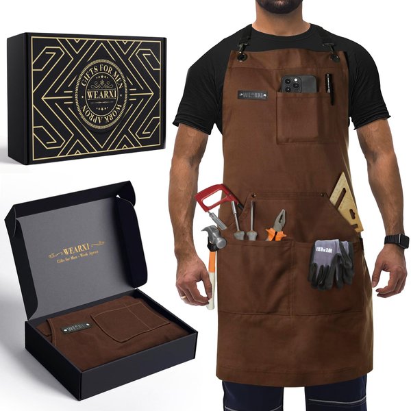 WEARXI Aprons for Men, Woodworking Apron with Tool Pockets, Canvas Work Apron for Woodworkers, Mechanics, Blacksmiths, Carpenters S-XXXL, Mens Apron Gifts for Dad, Fathers Day Gift, Dad Gifts