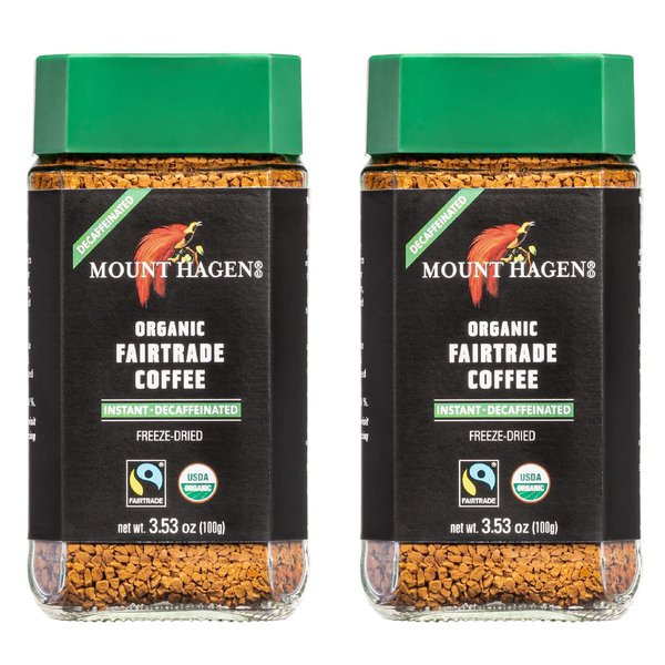 Mount Hagen 3.53oz Organic Freeze Dried Instant Decaf Coffee- 2 Pack | Eco-friendly, Fair-Trade Decaffeinated Coffee Made From Organic Medium Roast Arabica Beans [2x 3.53oz Jar]
