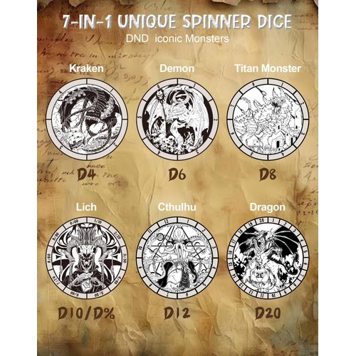 Kabinka Spinner Dice for 7 in 1 DND Dice Set, Unique Metal Dice for Dungeons and Dragons RPG Role Playing Gaming (Ancient Silver)