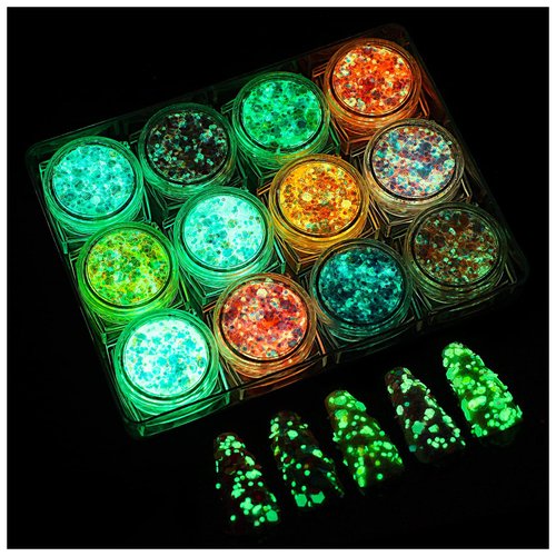 Glow in The Dark Body Face Glitter Gel, 12 Colors Luminous Iridescent Chunky Glitter, Self-adhesive UV Black Light Glitter for Body/Face/Hair/Eyeshadow, Glitter for Carnival Party Halloween Makeup