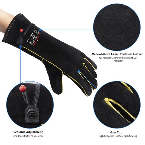 932℉ Leather Welding Gloves for Women Man, Heat Resistant Fire Long Sleeve Gloves for Tig Mig Stick BBQ Fireplace Animal Handling (Small 14inch)