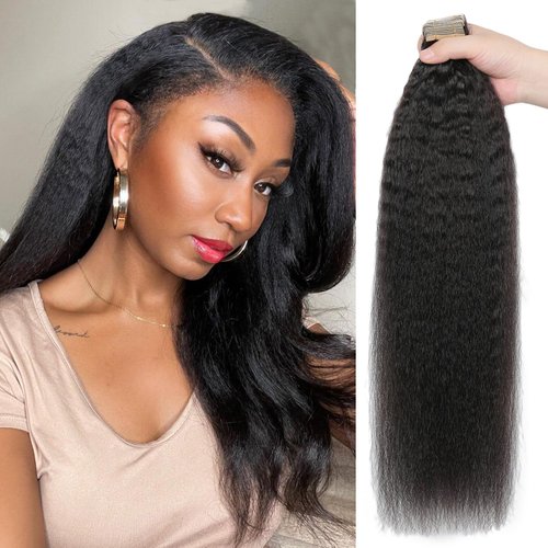 Hotlulana 40pcs Tape in Hair Extensions Human Hair Kinky Straight Tape Ins for Black Women Invisible Full Head Remy Human Hair Tape in Extensions 18 Inch