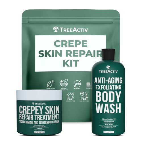 TreeActiv Crepey Skin Repair Kit, Includes Anti-Aging Exfoliating Body Wash, 8oz, Crepe Skin Cream, 8oz, Skin Tightening Cream for Body and Face. Hydrates and Tighten Dry Crepe Skin, Crepe Skin Cream