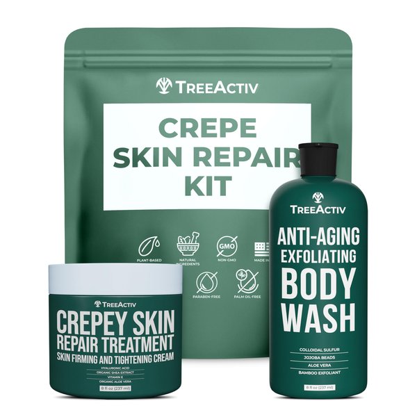 TreeActiv Crepey Skin Repair Kit, Includes Anti-Aging Exfoliating Body Wash, 8oz, Crepe Skin Cream, 8oz, Skin Tightening Cream for Body and Face. Hydrates and Tighten Dry Crepe Skin, Crepe Skin Cream