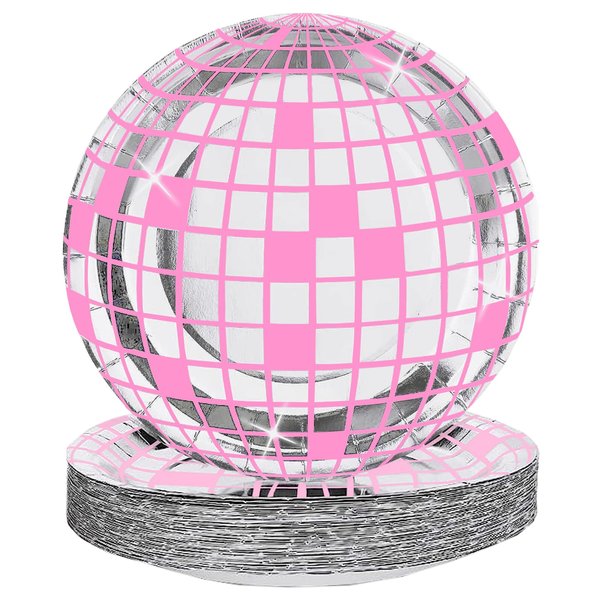 HOMQYTE 25P Disco Plates 7" Disposable Disco Ball Paper Plates for 70's Disco Party Supplies Birthday Wedding Party Decorations (Pink, 7IN25P)