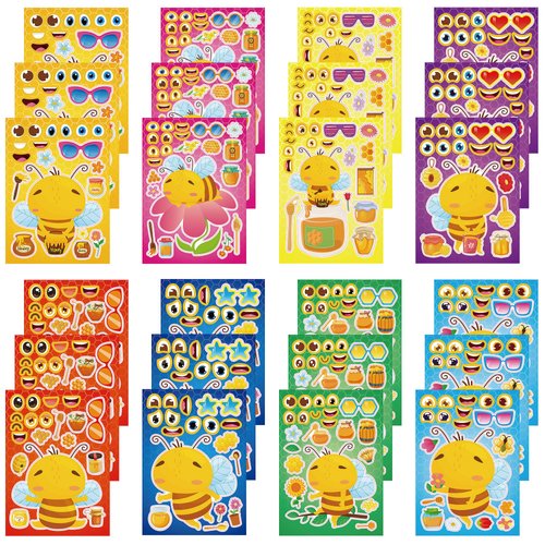 Dorgua Make Your Own Bee Stickers, Make-a-Face Bee Stickers, Cute Bee Honey DIY Craft Stickers, Make Your Own Stickers for Kids Birthday Gifts Party Favors, 8 Designs 24 Sheets
