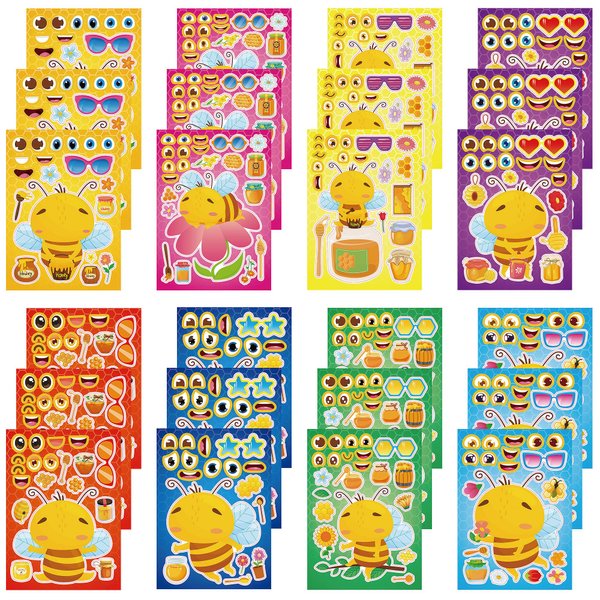 Dorgua Make Your Own Bee Stickers, Make-a-Face Bee Stickers, Cute Bee Honey DIY Craft Stickers, Make Your Own Stickers for Kids Birthday Gifts Party Favors, 8 Designs 24 Sheets