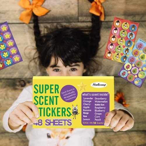 HORIECHALY Scratch and Sniff Stickers, 48 Sheets Scented Stickers with 16 Scents, 720+ Super Smelly Reward Stickers for Kids & Teachers, Birthday Christmas Gift, Party Favors