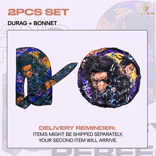 Anime Durag and Silk Bonnet 2pcs Set for Men and Women, Silky Satin Bonnet Durag, Silk Fabric for Comfort and Compression (Dark Huey)