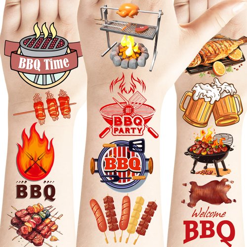 PIBIPAID 200 Pcs Camping BBQ Tattoos Temporary Stickers - Barbeque Party Supplies Decorations Camping Themed Birthday Baby Shower Party Tattoos