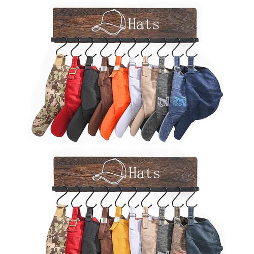 FANGSUN Hat Rack for Wall, Wooden Baseball Cap Organizer with 20 Hooks, Metal Rustic Hat Pattern Hat Display Rack, Ball Cap Hanger Wall Mounted Hat Storage Holder for Closet Bedroom Entry, Set of 2