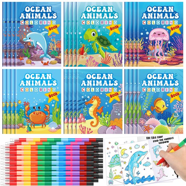 Motipuns 24 Set Christmas Classroom Gifts, 24 Under the Sea Coloring Book with 24 Stacking Crayons for Students Christmas Party Favors Stockings Pinata Filler Christmas School Goodie Bag Stuffers