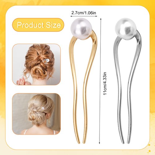 2pcs French Pearl Hair Pin, 11x2.7cm/4.33x1.06inch Metal French U Hair Pins French Twist Hair Pin Hair Sticks Gold Silver Hair Clip Hair Accessories for Women (Type1)