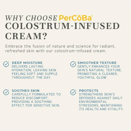 PERCOBA Colostrum Moisturizer for Neck - Face & Hand Cream for Skin Care - Non-Greasy Formula with Vitamin E, Sunflower & Jojoba Seed - Made in USA - 1.7oz