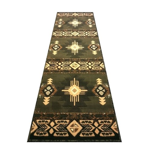 Champion Rugs South West Runner Rug Green Design # CR53 (2 Feet X 7 Feet Runner)