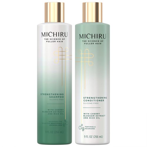 Michiru Strength Shampoo & Conditioner Set – Cherry Blossom & Rice Oil, Nourishing Scalp Treatment for Hair Repair & Hair Strengthening for Fine or Damaged Hair, 9 Oz Ea (2 Piece Set)