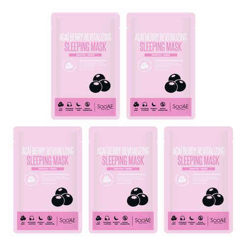 Soo'AE Acai Berry Revitalizing Sleeping Mask Skincare Brightening & Renew [Pack of 5] Overnight Face Mask Leave-in treatment Soothing Face Mask for Dry Skin Korean Beauty masks,5 Count(Pack of 1)