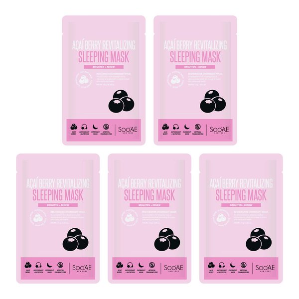 Soo'AE Acai Berry Revitalizing Sleeping Mask Skincare Brightening & Renew [Pack of 5] Overnight Face Mask Leave-in treatment Soothing Face Mask for Dry Skin Korean Beauty masks,5 Count(Pack of 1)