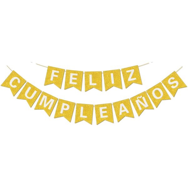 Pre-Strung Happy Birthday Banner - NO DIY - with Shiny Letters Glitter FELIZ CUMPLEAÑOS DECORATIONS Banner for Gold Birthday Party Decorations and Supplies