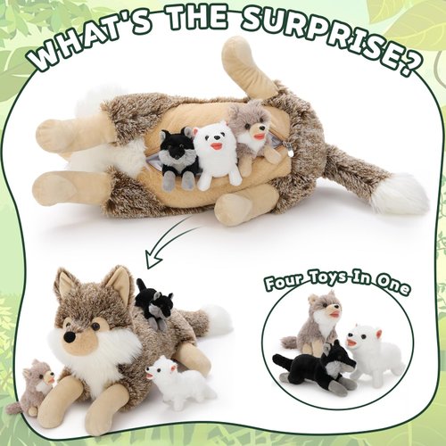 BENINY 4Pcs Wolf Stuffed Animals Set, Grey Mommy Wolf Plush 20 Inch with 3 Baby Wolves, Realistic Wolf Toys for Wolf Lover Party Favors, Gifts for Boys Girls Birthday