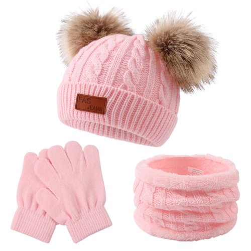 Yuoahcn 3 PCS Kids Winter Beanie Hat Round Scarf Gloves Set Thick Twist Knit Warm Toddler Winter Cap Gloves Neck Warmer for Boys Girls 1-8 Years(Light Pink)