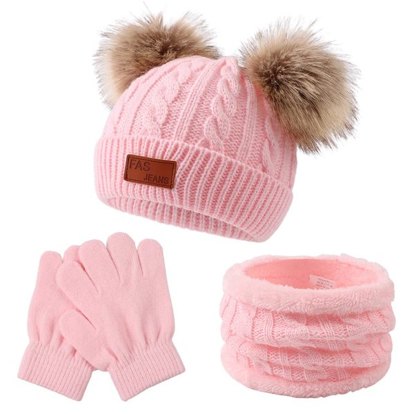 Yuoahcn 3 PCS Kids Winter Beanie Hat Round Scarf Gloves Set Thick Twist Knit Warm Toddler Winter Cap Gloves Neck Warmer for Boys Girls 1-8 Years(Light Pink)