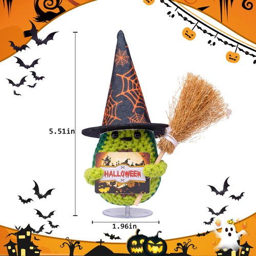 CoFuBcad Halloween Handmade Emotional Support Pickle Avocado Witch Hat Broom Gift, Cute Knitted Crochet Avocado Doll with Magic Hat Toy. All Saints Day Gift Car Party Room Office Decoration