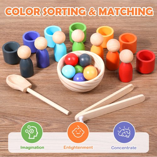 Montessori Balls in Cups Wooden Peg Dolls in Cups, Toddler Color Sorting Toys and Matching Game, Preschool Learning Activities Educational Fine Motor Skill Toy for Kids