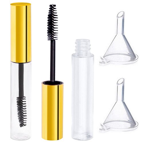 Pengxiaomei 2Pcs 10ml Empty Mascara Tube with Eyelash Wand,Golden Eyelash Cream Container Bottle with Funnels Transfer Pipettes for Applying Castor Oil and DIY Cosmetics Stocking Stuffers for Women