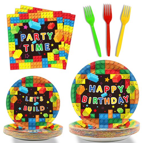 gisgfim 96 Pcs Building Block Birthday Party Supplies Paper Plates Napkins Colorful Blocks Party Birthday Decorations Favors for Boy or Girl Serves 24