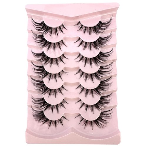 HBZGTLAD 7Pairs Segmented Half Lashes manga Lashes 3D Clear Band Lashes Natural Look Wispy Mink Lashes Fluffy Cat Eye Lashes Pack Fake Eyelashes (H007)