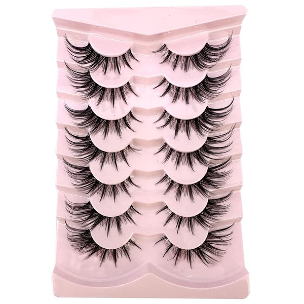 HBZGTLAD 7Pairs Segmented Half Lashes manga Lashes 3D Clear Band Lashes Natural Look Wispy Mink Lashes Fluffy Cat Eye Lashes Pack Fake Eyelashes (H007)