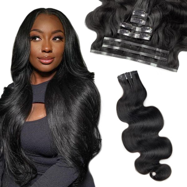 FBLhair 22 inch Body Wave Clip in Hair Extensions Human Hair 110g 7pcs Seamless Clip in Hair Extensions Human Hair Pu Invisible Real Human Hair Extensions Clip Ins #1B Natural Black