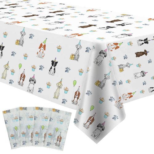Xigejob Puppy Dog Birthday Party Tablecloth Supplies - Disposable Dog Theme Table Cover Decorations, Puppy Dog Theme Birthday Baby Shower Table Cloth Decorations - 4 Pack (54in x 108in)
